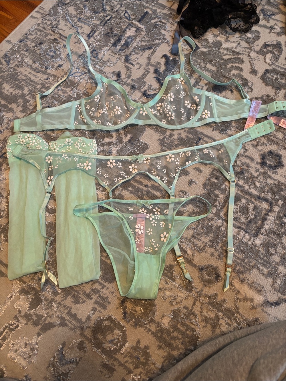 Savage X Fenty Sheer Floral Embroidered Bra & Garter Set in Mint